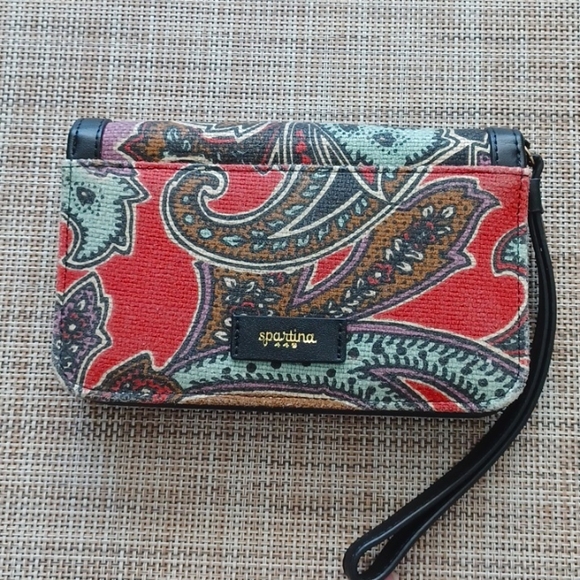 NWOT Medium Spartina 449 Mermaid  Linen & Leather Paisley Wristlet Wallet - Picture 3 of 7
